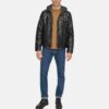 Model Wearing Black Hooded Leather Jacket Mens