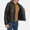 Black Hooded Leather Jacket Mens - Side View