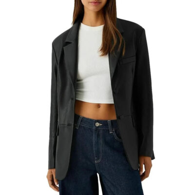 Two Button Black Leather Blazer Womens