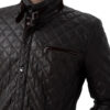 Menâ€™s Black Diamond Quilted Real Leather Car Coat with Brown Detailing - CLose View