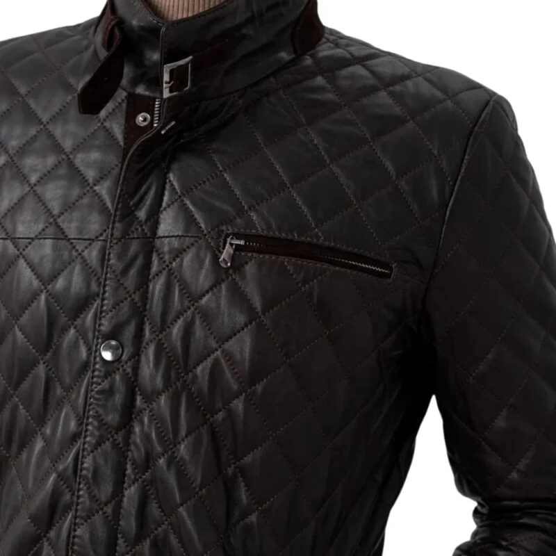 Menâ€™s Black Diamond Quilted Real Leather Car Coat with Brown Detailing - CLose View