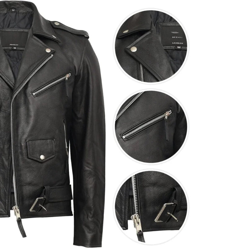 Mens Genuine Leather Biker Jacket Cowhide
