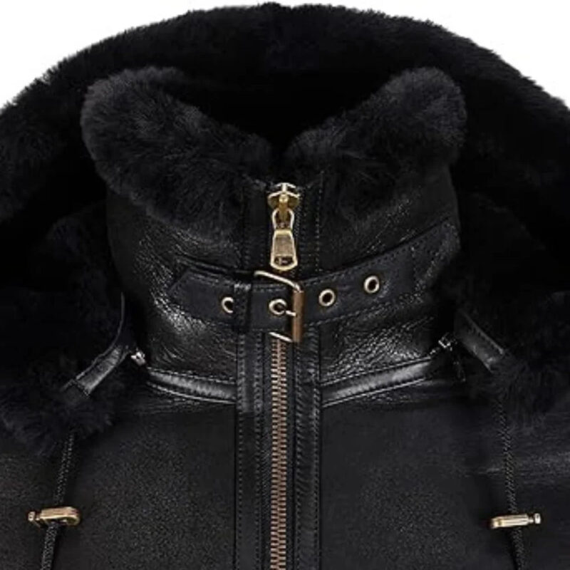 Womens Hooded Shearling Black Bomber Aviator Jacket