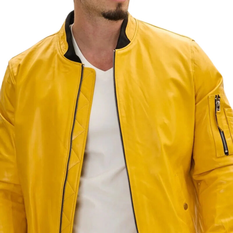 Mens Real Lambskin Yellow Leather Bomber Jacket