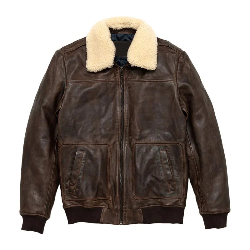 Maverick Vintage Brown Leather Bomber Jacket with Detachable Sherpa Collar