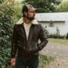 Maverick Vintage Brown Leather Bomber Jacket with Detachable Sherpa Collar