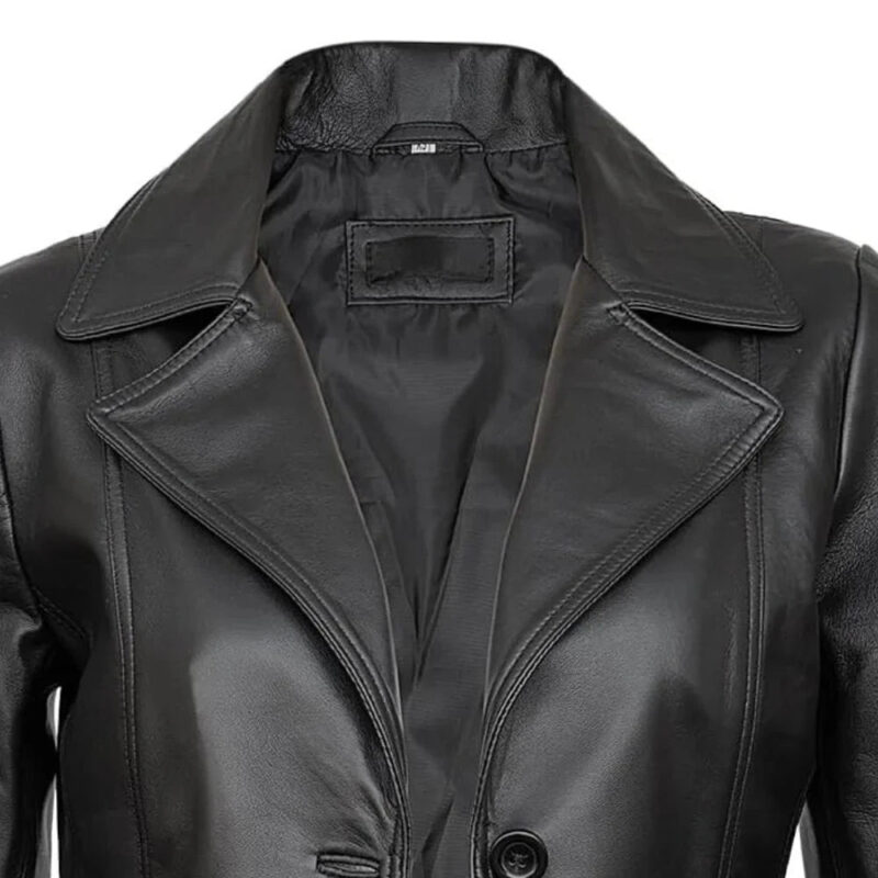 Close Up of Real Lambskin Notch Lapel Ladies Black Leather Blazer