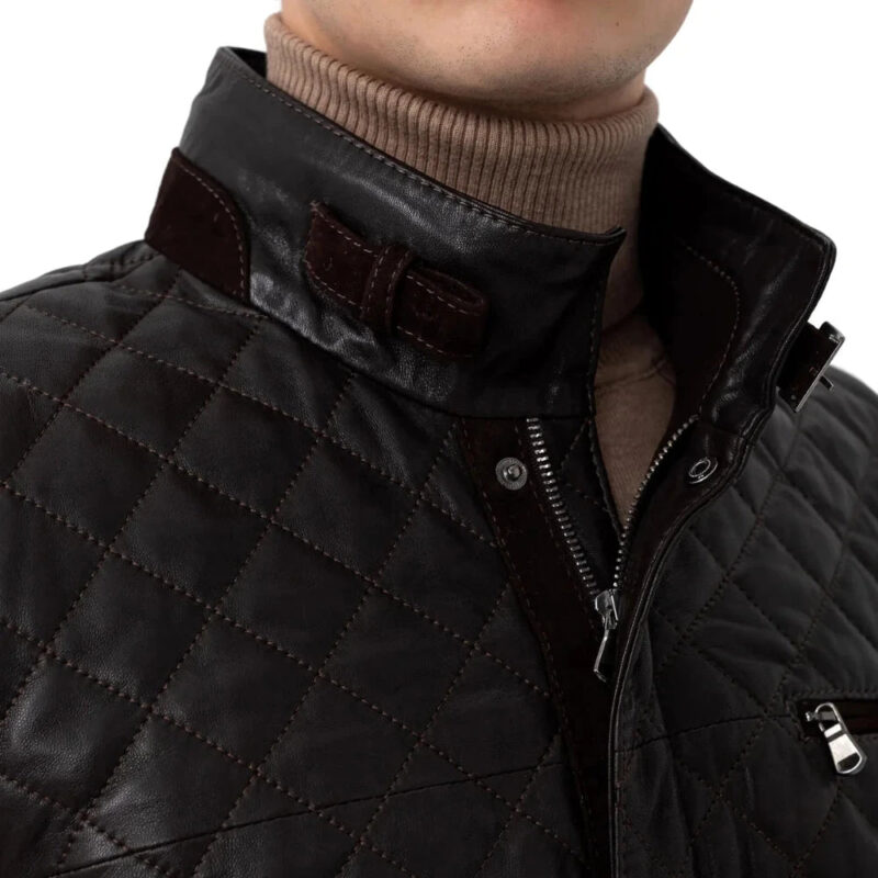 Menâ€™s Black Quilted Real Leather Car Coat with Brown Detailing