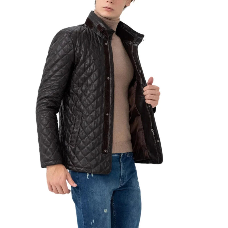 Menâ€™s Black Diamond Real Leather Car Coat with Brown Detailing