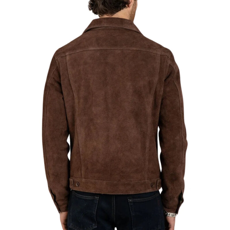 Men's Shirt Collar Dark Brown Suede Leather Trucker Jacket