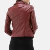 Distressed Maroon Asymmetrical Leather Biker Jacket For Women