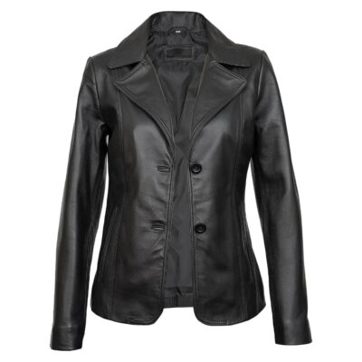 Real Lambskin Notch Lapel Ladies Black Leather Blazer