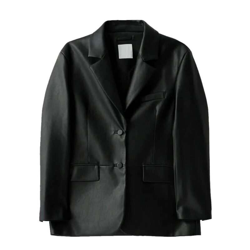 Two Button Black Leather Blazer Womens