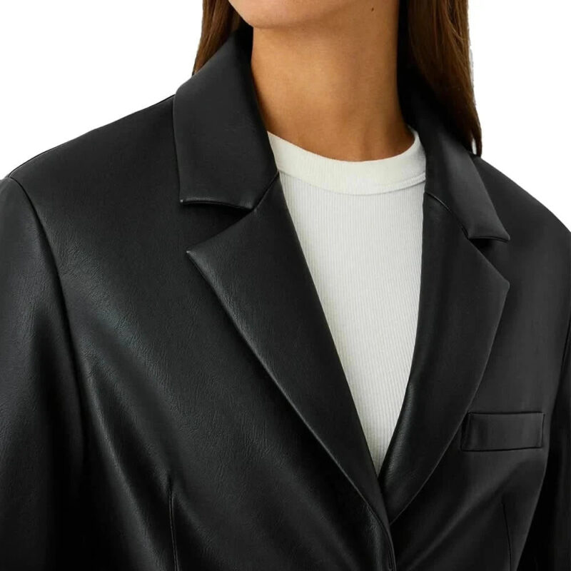 Two Button Black Leather Blazer Womens