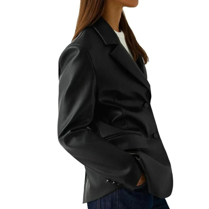 Two Button Black Leather Blazer Womens