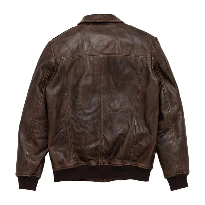 Maverick Vintage Brown Leather Bomber Jacket with Detachable Sherpa Collar - Back View