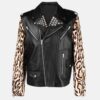 Printed Sleeves Black Mens Leather Biker Jacket