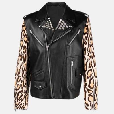 Printed Sleeves Black Mens Leather Biker Jacket