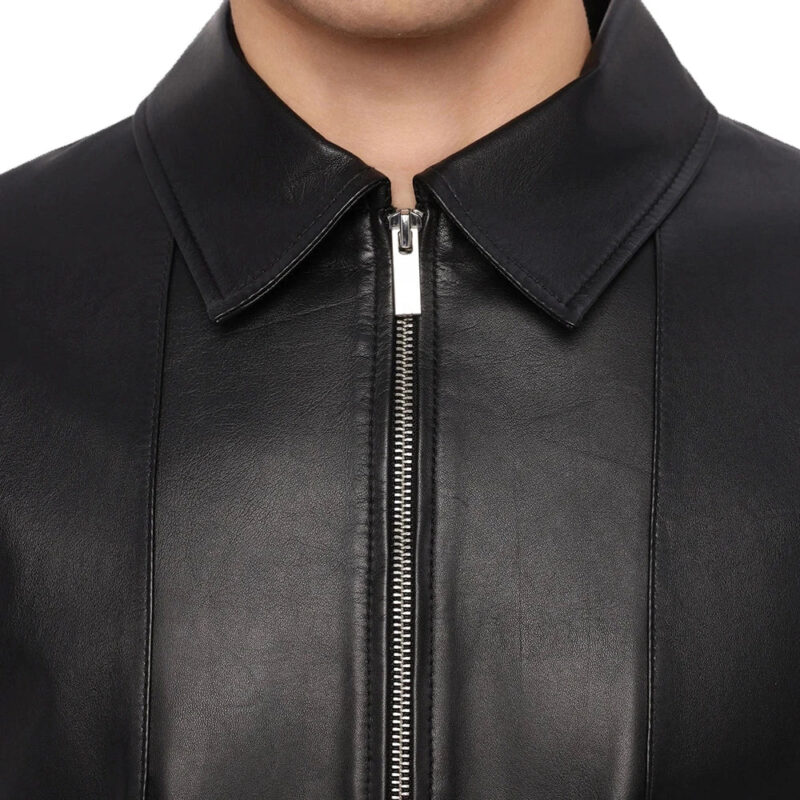 Close Up of â€‹Lightweight Half Sleeves Black Leather Mens Shirt