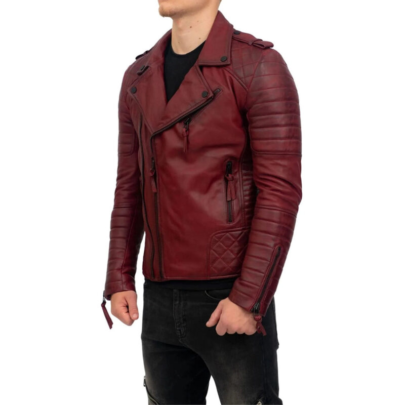 Mens Burgundy Slim Fit Double Zip Leather Biker Jacket