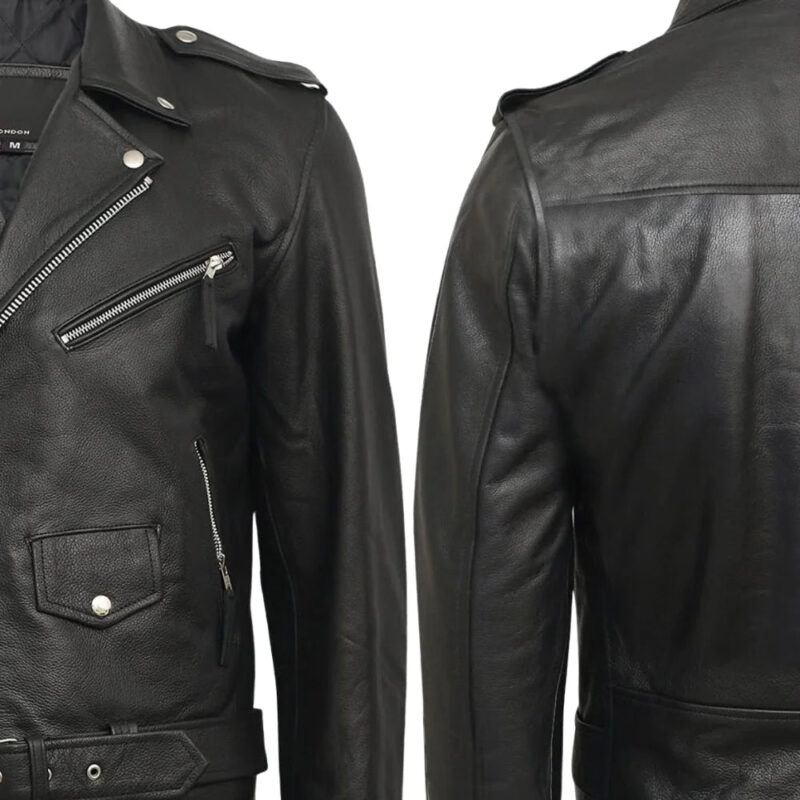 Mens Genuine Leather Biker Jacket Cowhide