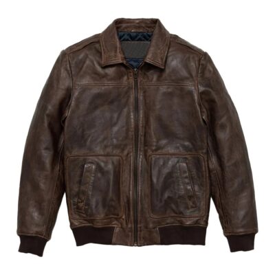 Maverick Vintage Brown Leather Bomber Jacket with Detachable Sherpa Collar - Front View