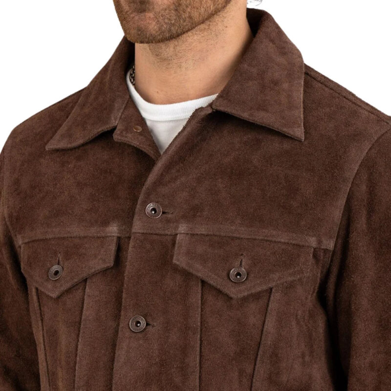 James  Men's Shirt Collar Dark Brown Suede Leather Jacket