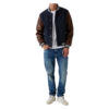 Mens Wool Navy Varsity Jacket with Leather Sleeves