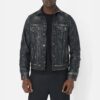 Mens Distressed Black Trucker Leather Jacket