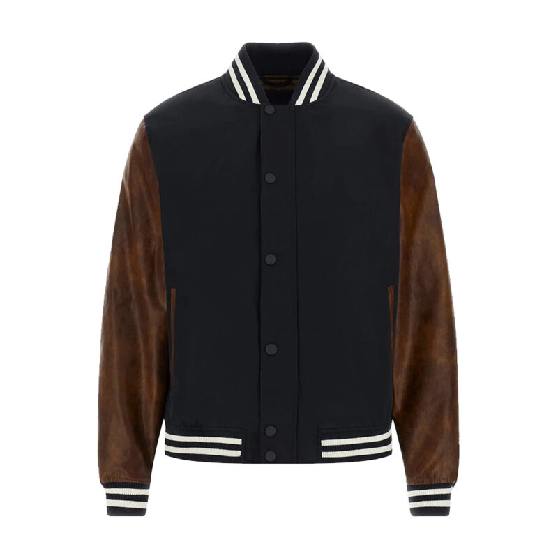 Mens Wool Navy Blue Jacket with Leather Sleeves