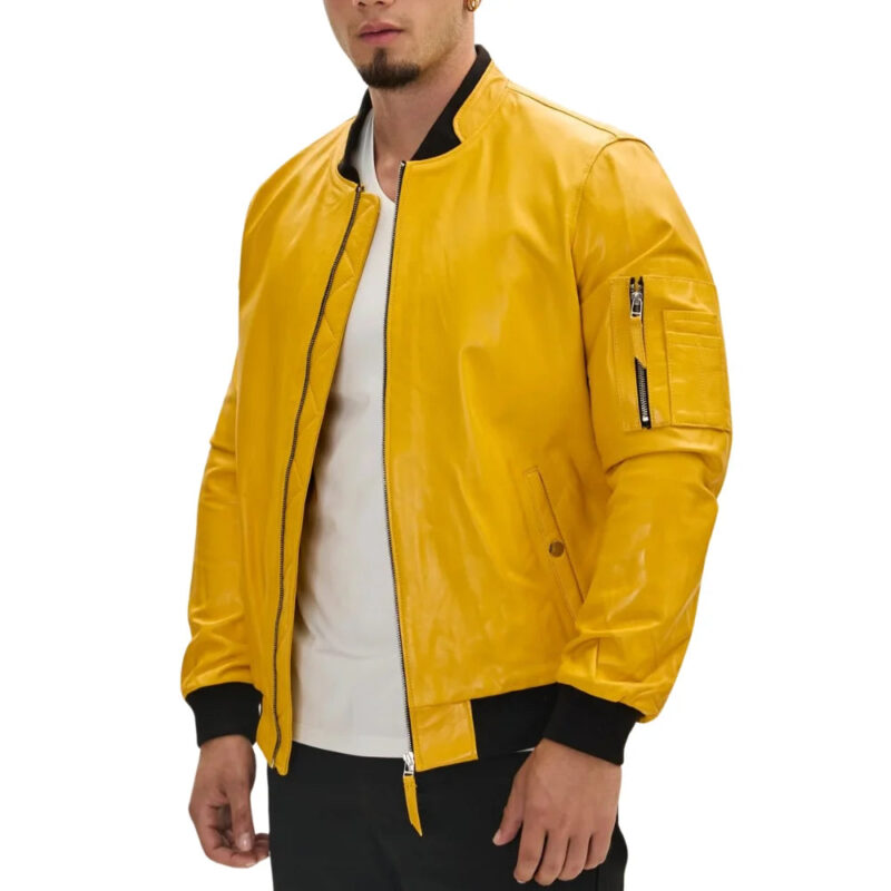 Men Lambskin Yellow Leather Bomber Jacket
