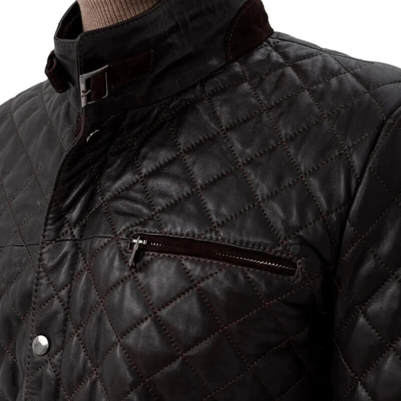 Menâ€™s Black Diamond Quilted Real Leather Car Coat