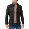 Menâ€™s Black Diamond Quilted Real Leather Car Coat with Brown Detailing