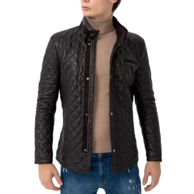 Menâ€™s Black Diamond Quilted Real Leather Car Coat with Brown Detailing