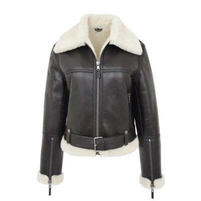 Womens Sheepskin B3 Belted Black Leather Shearling Jacket Aviator