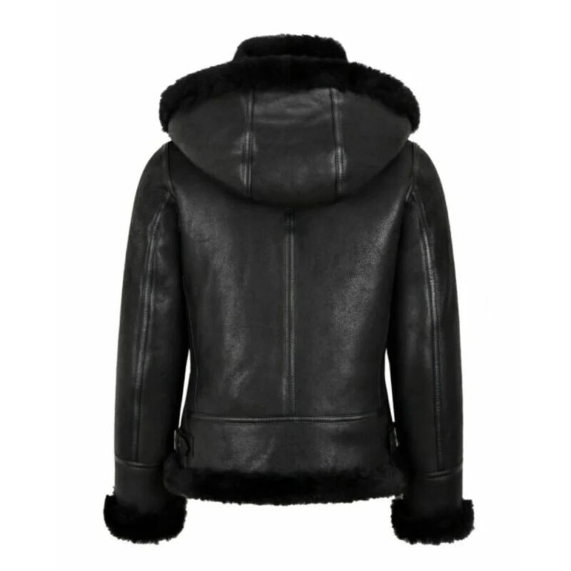 Womens Hooded Shearling Black Bomber Aviator Jacket