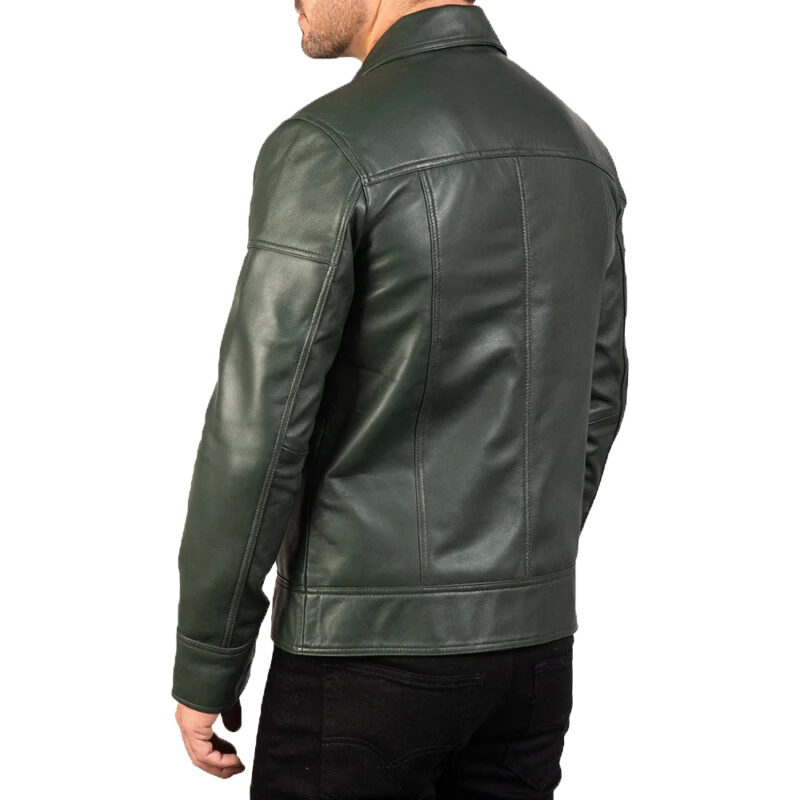 Mens' Green Shirt Collar Leather Biker Jacket