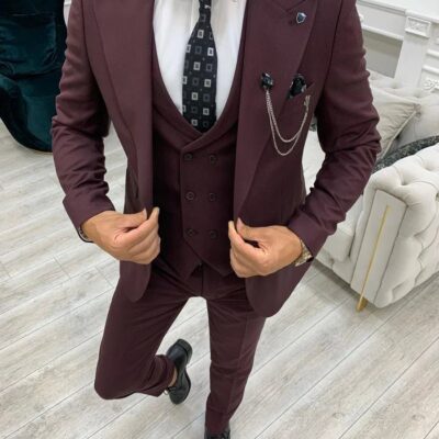 Slim Fit Notch Lapel Maroon Suit Men