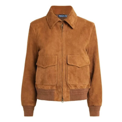 Womens Camel Lauren Brown Suede Bomber Jacket