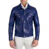 Real Lambskin Shirt Collar Blue Leather Jacket Mens