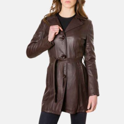 Vintage Belted Style Womenâ€™s Brown Leather Coat