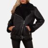 Black Belted Biker Fur Shearling Aviator Leather Jacket For WomensÂ 