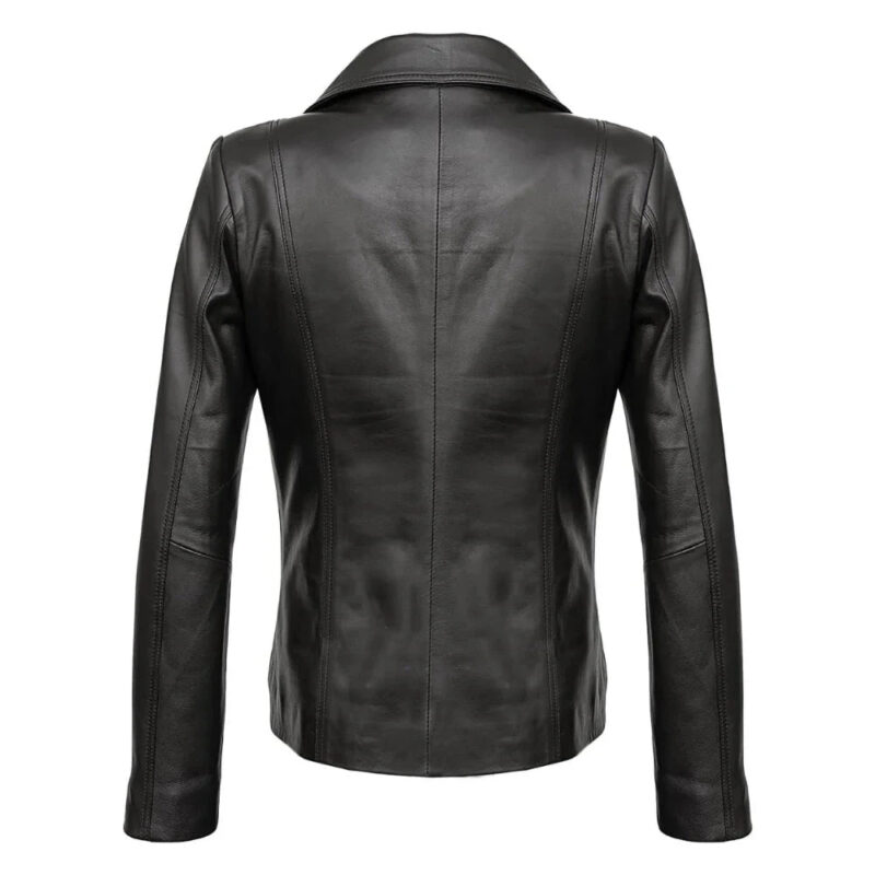 Real Lambskin Notch Lapel Ladies Black Leather Blazer - Back View