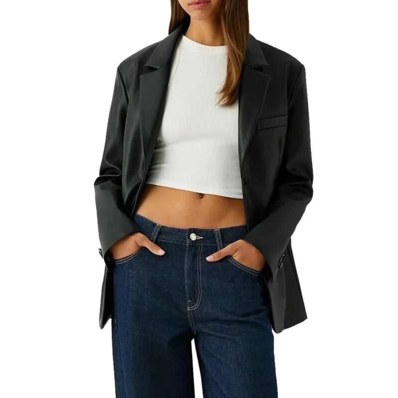 Two Button Black Leather Blazer Womens