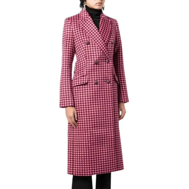 Womens Pink Plaid Wool Long Coat