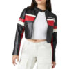 Ladies Cropped Red Black and White Leather Jacket