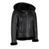 Womens Hooded Shearling Black Bomber Aviator Jacket