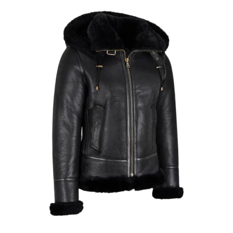 Womens Hooded Shearling Black Bomber Aviator Jacket