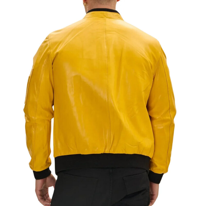 Mens Real Lambskin Yellow Leather Bomber Jacket