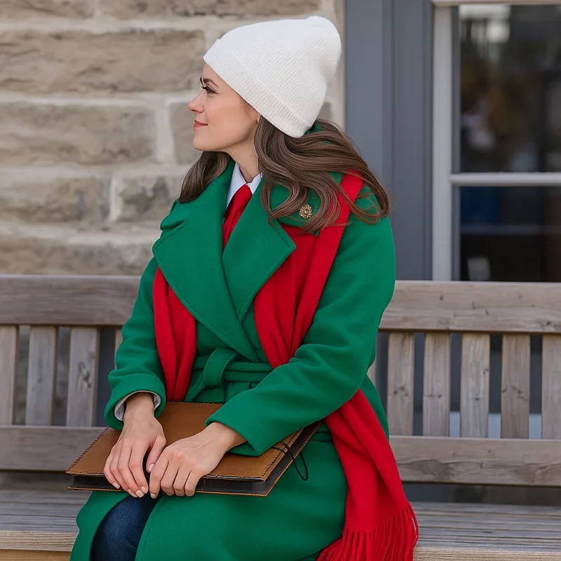 Monica A Christmas Angel Match 2025 Meghan Ory Green Long Coat